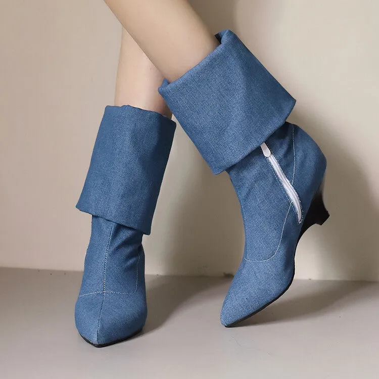 Women's Pointed Toe Wedge Heel Mid Calf Boots