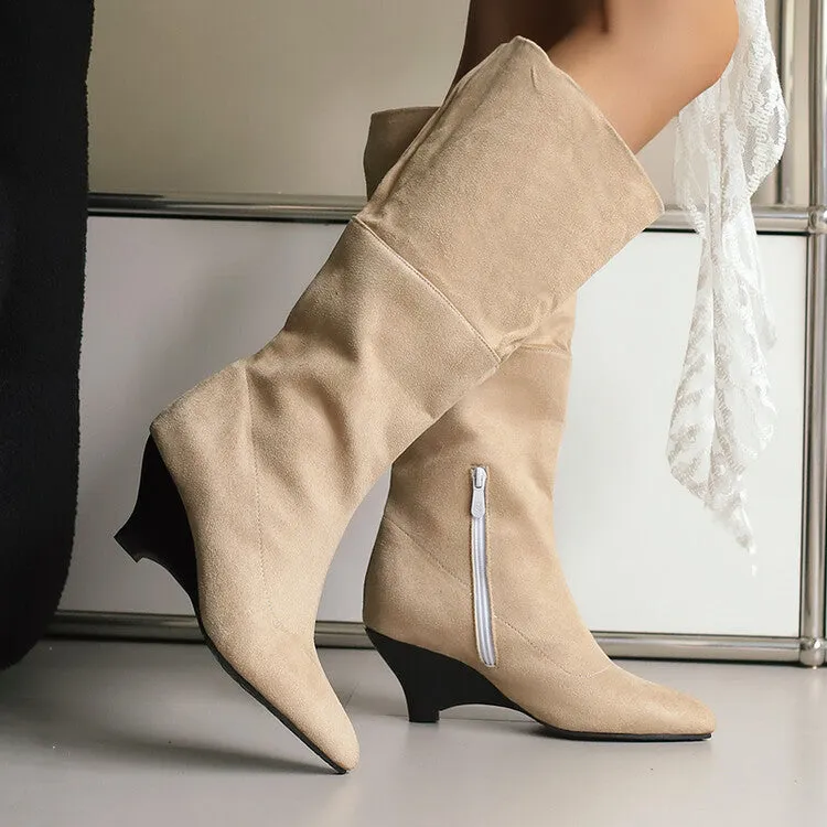 Women's Pointed Toe Wedge Heel Mid Calf Boots