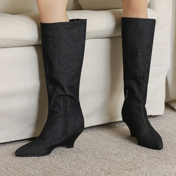 Women's Pointed Toe Wedge Heel Mid Calf Boots