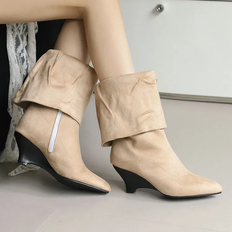 Women's Pointed Toe Wedge Heel Mid Calf Boots