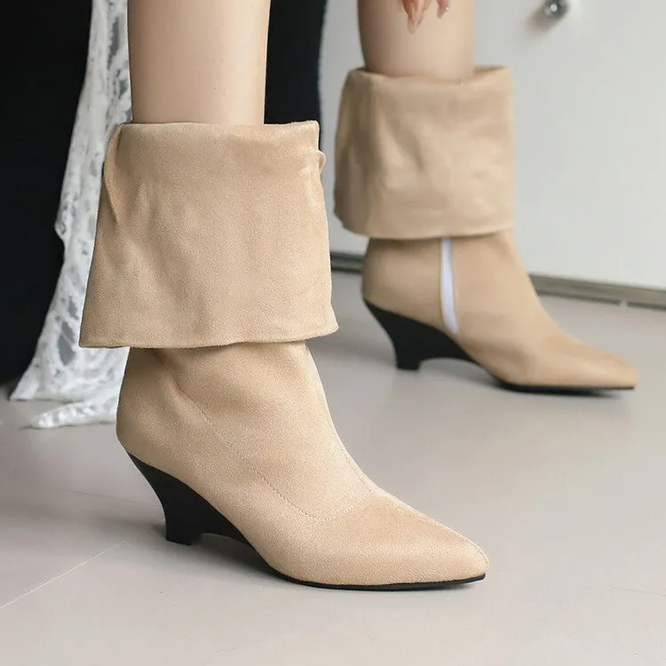 Women's Pointed Toe Wedge Heel Mid Calf Boots