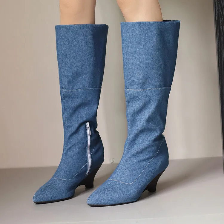 Women's Pointed Toe Wedge Heel Mid Calf Boots
