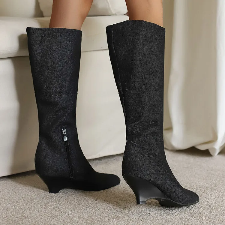 Women's Pointed Toe Wedge Heel Mid Calf Boots