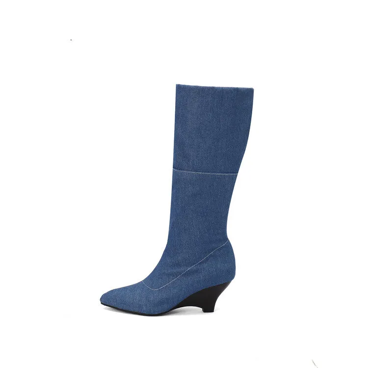Women's Pointed Toe Wedge Heel Mid Calf Boots