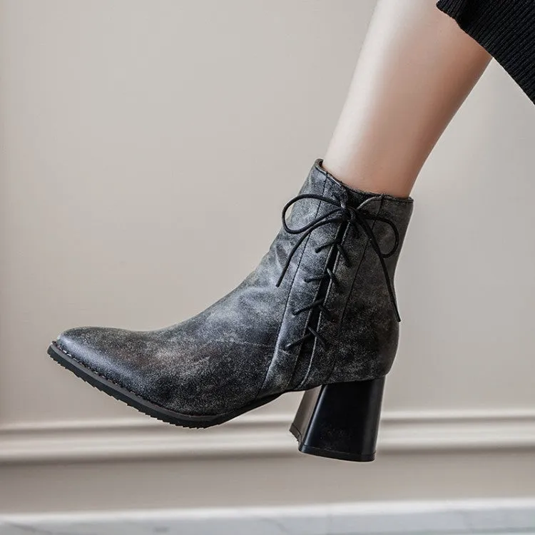 Women's Pu Leather Pointed Toe Side Lace Up Block Heel Short Boots