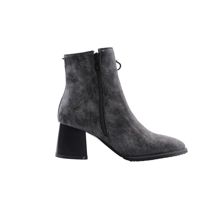 Women's Pu Leather Pointed Toe Side Lace Up Block Heel Short Boots