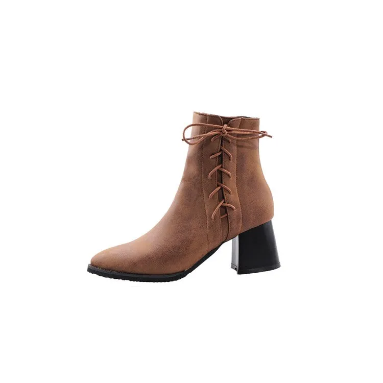Women's Pu Leather Pointed Toe Side Lace Up Block Heel Short Boots