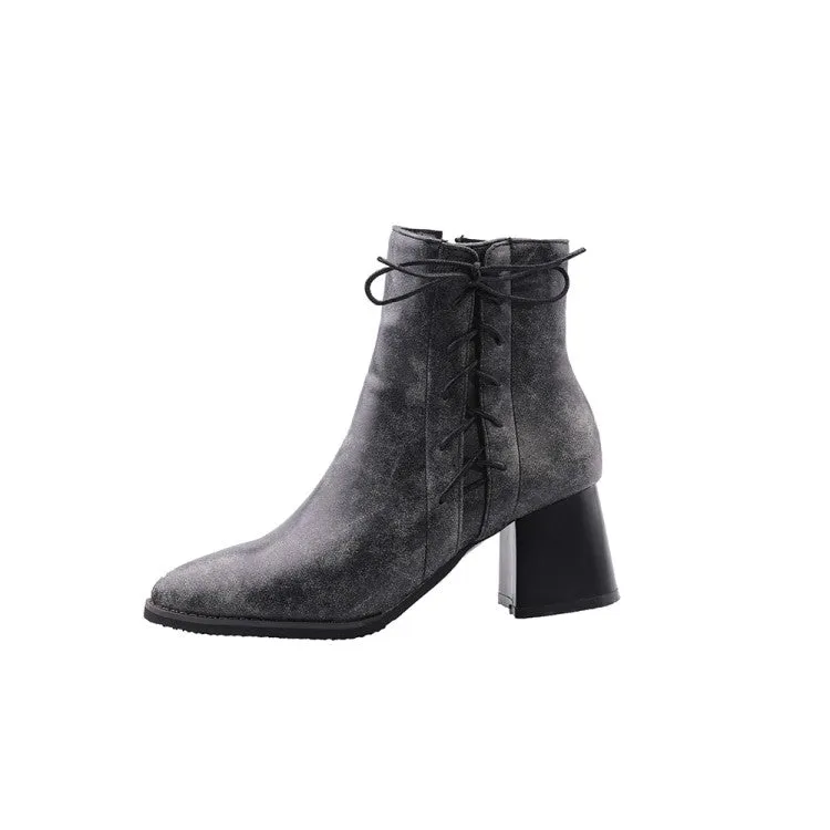Women's Pu Leather Pointed Toe Side Lace Up Block Heel Short Boots