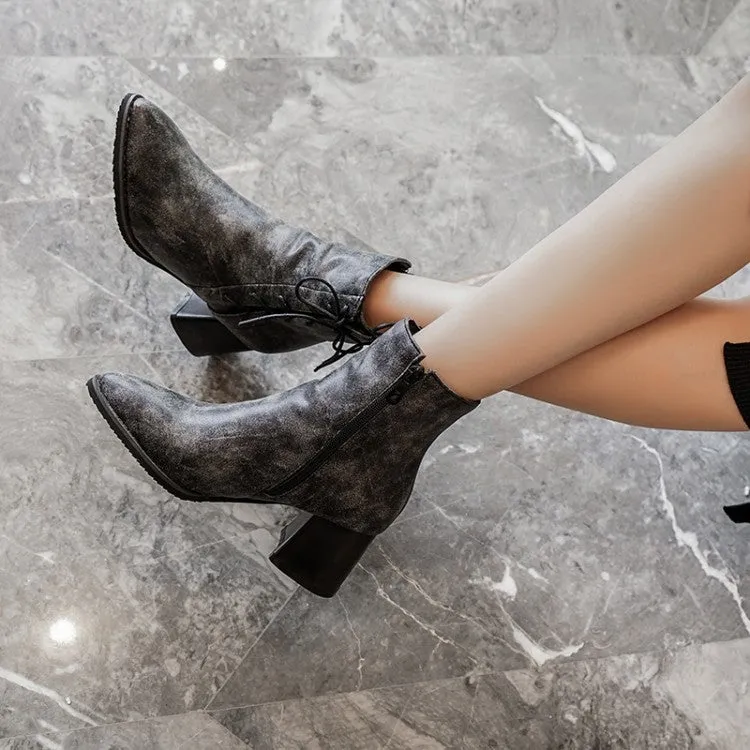 Women's Pu Leather Pointed Toe Side Lace Up Block Heel Short Boots