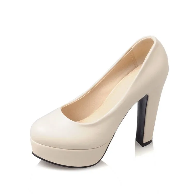 Women's  Pu Leather Round Toe Chunky Heel Platform Pumps