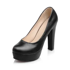 Women's  Pu Leather Round Toe Chunky Heel Platform Pumps
