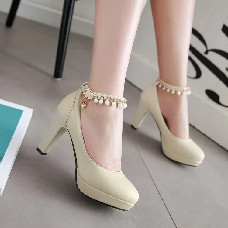 Women's  Pu Leather Round Toe Rhinestone Chunky Heel Platform Pumps