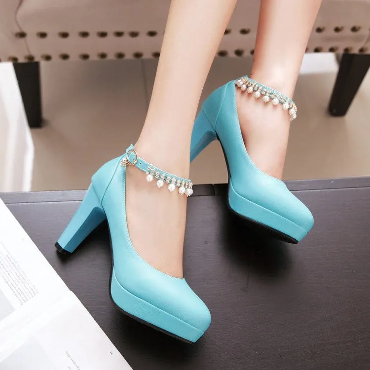 Women's  Pu Leather Round Toe Rhinestone Chunky Heel Platform Pumps