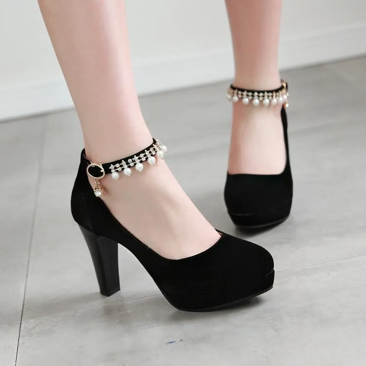 Women's  Pu Leather Round Toe Rhinestone Chunky Heel Platform Pumps