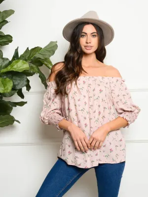 WOMEN'S PUFF SLEEVES FLORAL OFF SHOULDER TOP