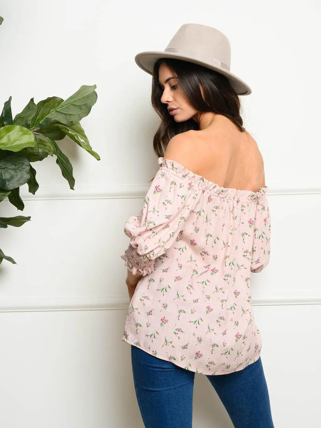 WOMEN'S PUFF SLEEVES FLORAL OFF SHOULDER TOP