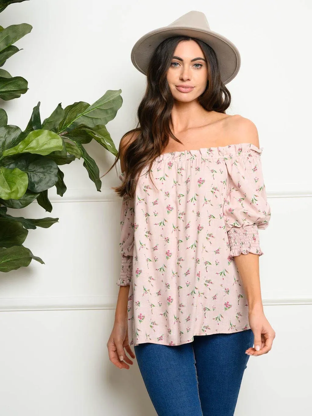WOMEN'S PUFF SLEEVES FLORAL OFF SHOULDER TOP