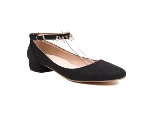 Women's Pumps Bling Bling Round Toe Pearls Ankle Strap Block Heel Shoes