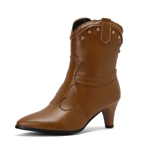 Women's Rivets Pointed Toe Spike Heel Western Short Boots