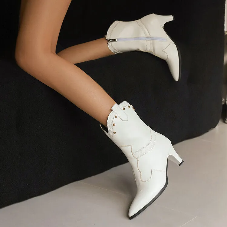 Women's Rivets Pointed Toe Spike Heel Western Short Boots