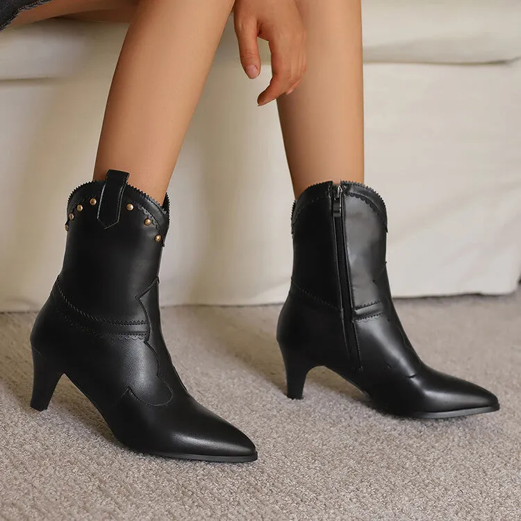Women's Rivets Pointed Toe Spike Heel Western Short Boots