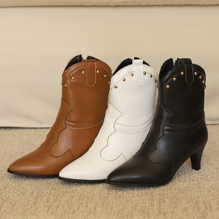 Women's Rivets Pointed Toe Spike Heel Western Short Boots