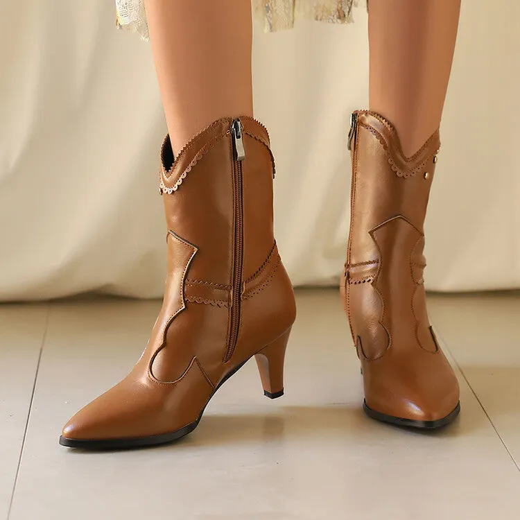 Women's Rivets Pointed Toe Spike Heel Western Short Boots