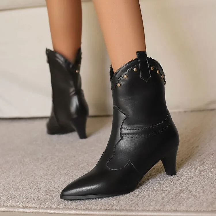 Women's Rivets Pointed Toe Spike Heel Western Short Boots