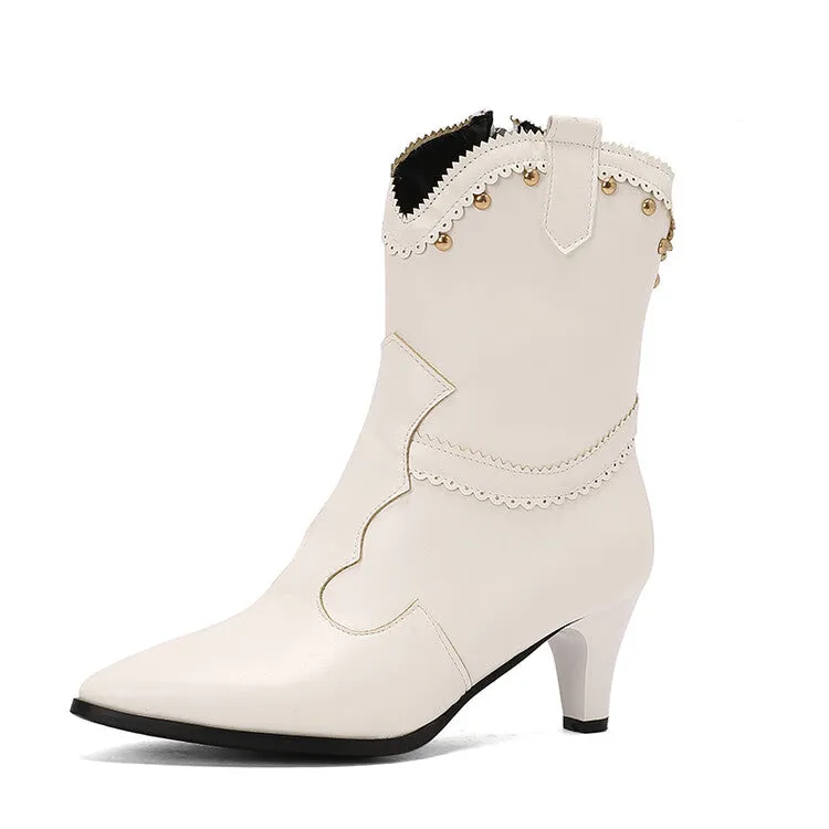 Women's Rivets Pointed Toe Spike Heel Western Short Boots