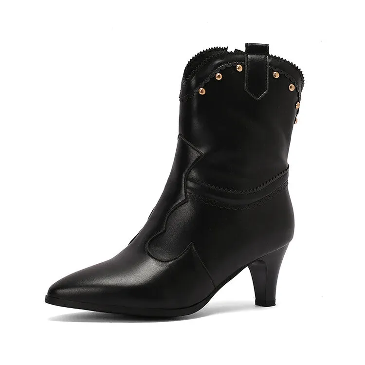 Women's Rivets Pointed Toe Spike Heel Western Short Boots