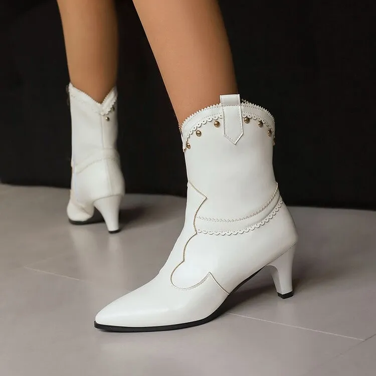 Women's Rivets Pointed Toe Spike Heel Western Short Boots