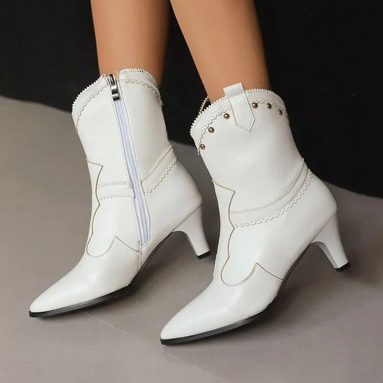 Women's Rivets Pointed Toe Spike Heel Western Short Boots