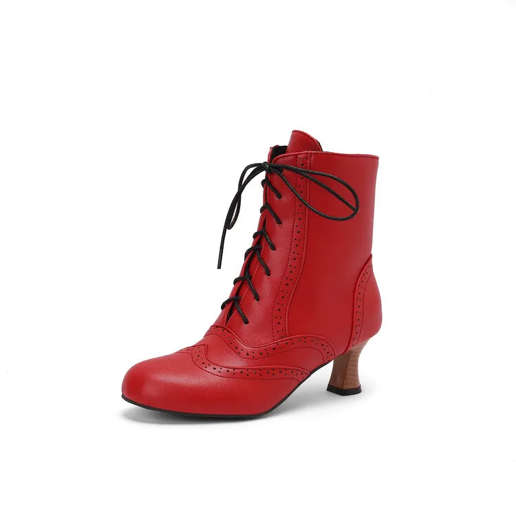 Women's Round Toe Lace Up Hoof Heel Ankle Boots