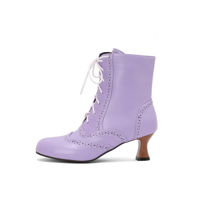 Women's Round Toe Lace Up Hoof Heel Ankle Boots