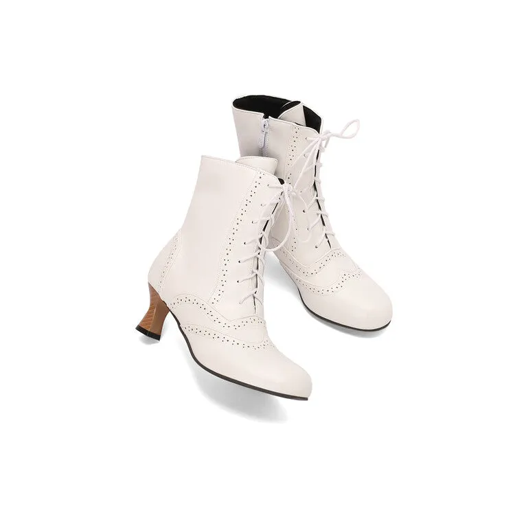 Women's Round Toe Lace Up Hoof Heel Ankle Boots