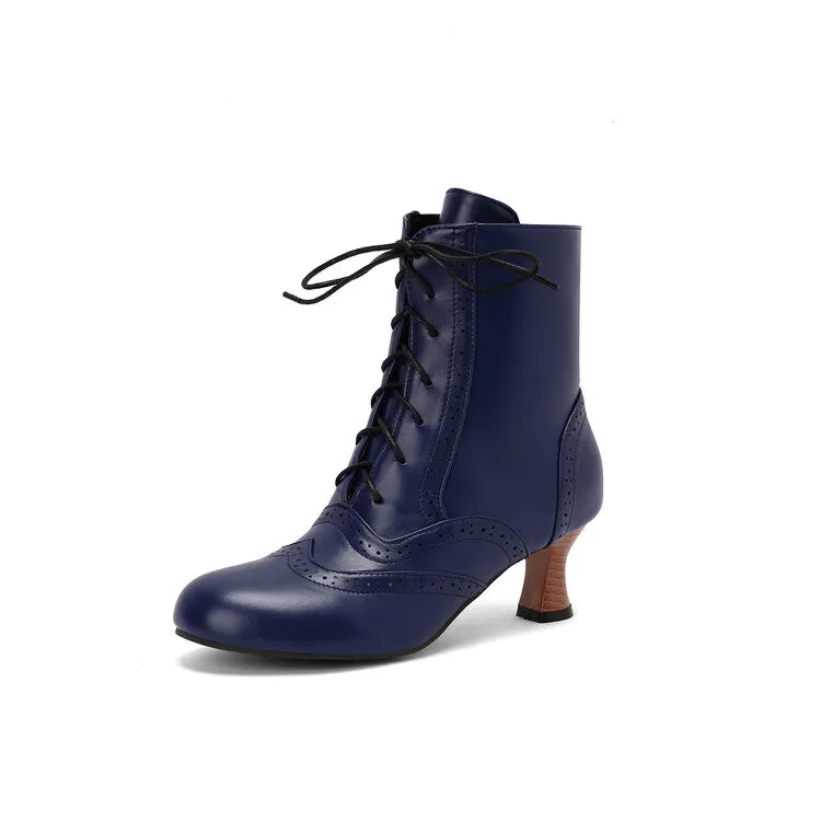 Women's Round Toe Lace Up Hoof Heel Ankle Boots