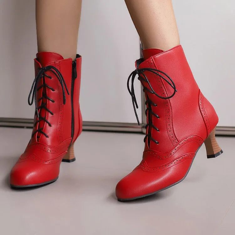 Women's Round Toe Lace Up Hoof Heel Ankle Boots