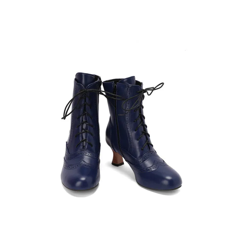 Women's Round Toe Lace Up Hoof Heel Ankle Boots