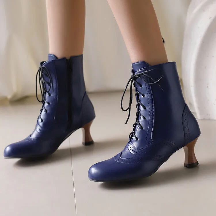 Women's Round Toe Lace Up Hoof Heel Ankle Boots