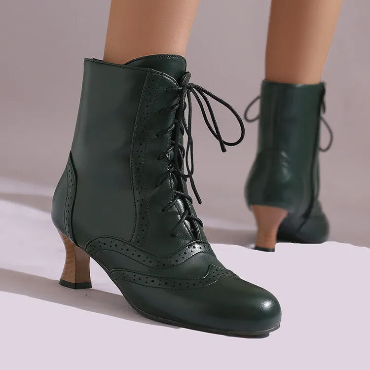 Women's Round Toe Lace Up Hoof Heel Ankle Boots