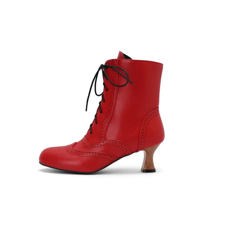 Women's Round Toe Lace Up Hoof Heel Ankle Boots