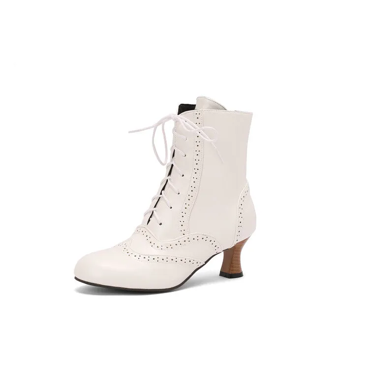 Women's Round Toe Lace Up Hoof Heel Ankle Boots