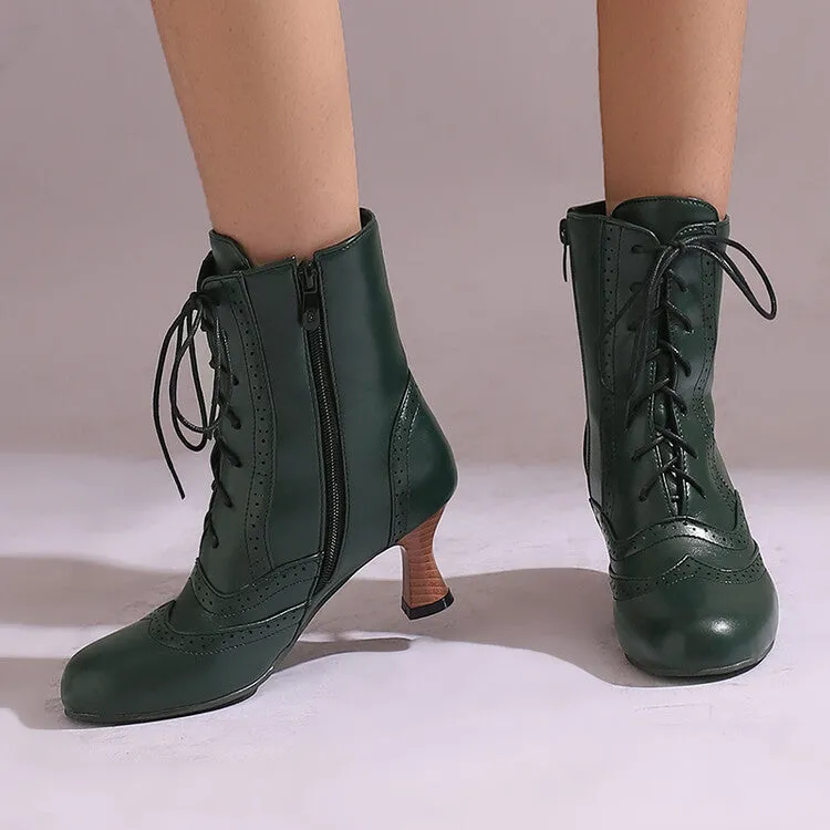Women's Round Toe Lace Up Hoof Heel Ankle Boots