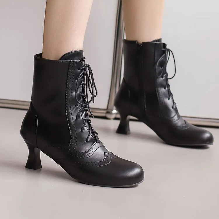 Women's Round Toe Lace Up Hoof Heel Ankle Boots