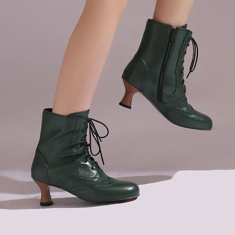 Women's Round Toe Lace Up Hoof Heel Ankle Boots