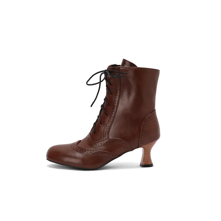Women's Round Toe Lace Up Hoof Heel Ankle Boots