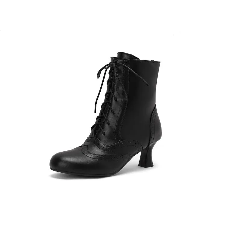 Women's Round Toe Lace Up Hoof Heel Ankle Boots