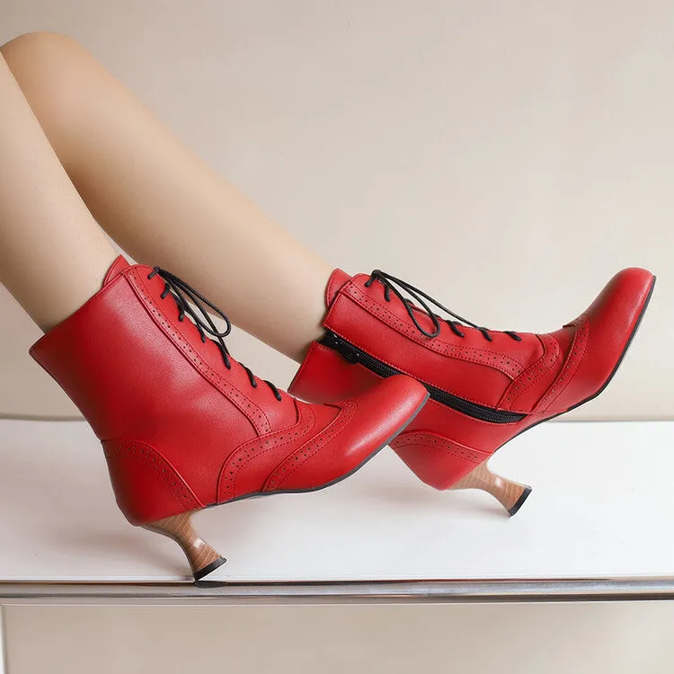 Women's Round Toe Lace Up Hoof Heel Ankle Boots