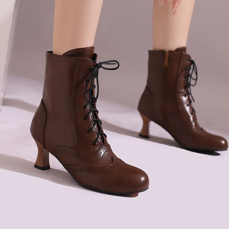 Women's Round Toe Lace Up Hoof Heel Ankle Boots