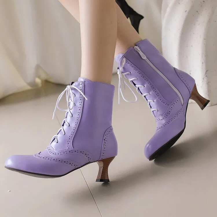 Women's Round Toe Lace Up Hoof Heel Ankle Boots
